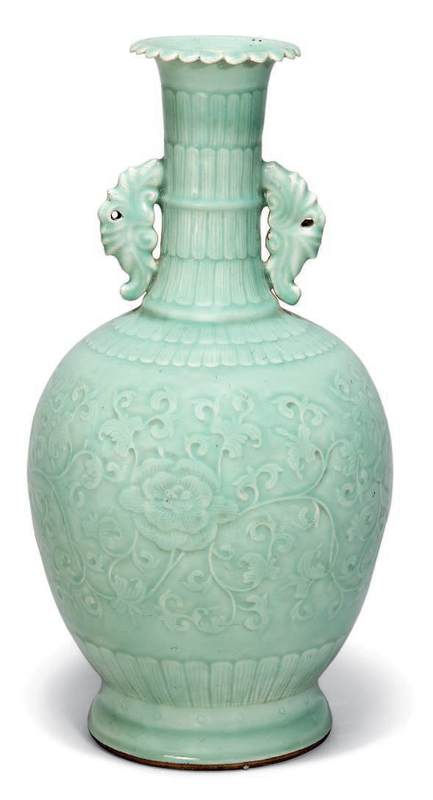 A large celadon-glazed moulded two-handled vase, late 18th century