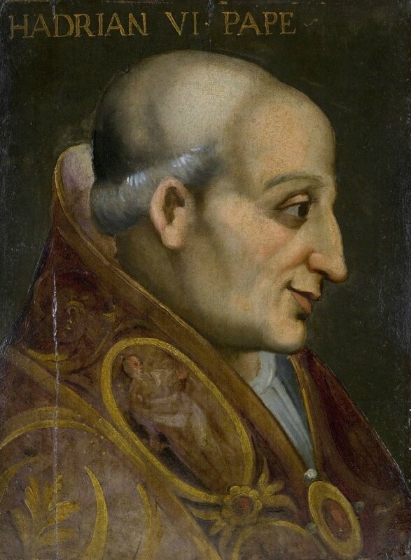 Portrait du pape Adrien VI d'après une gravure d'Antoine LEFRERE, peut-être inspirée d'une médaille jamais frappée - Musée Sainte-Croix de Poitiers (état après restauration) - source : alienor.org