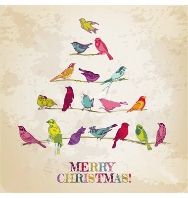 noel retro-christmas-card--birds-on-christmas-tree-vector-1016211