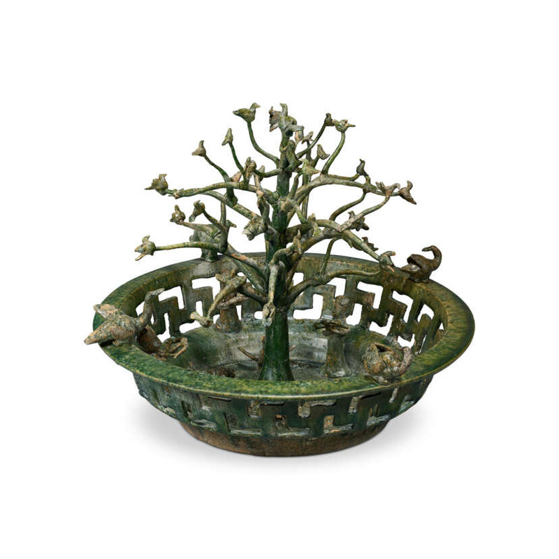A green glazed red pottery model of a hibiscus tree, Eastern Han dynasty (25-220)