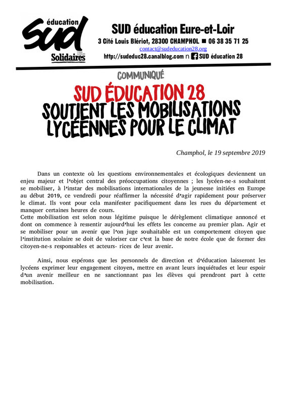 Communiqué de presse du 28 soutien aux lycéens 19 septembre 2019