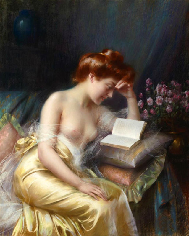 x2 leitora Beautiful-Oil-painting-nude-young-girl-reading-book-on-sofa-with-spring-flowers