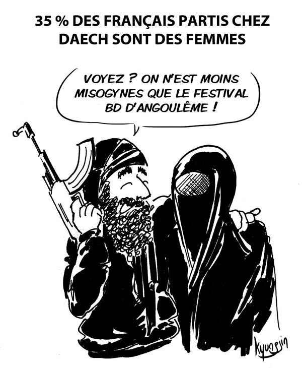 dessin daech avec une femme en burka, misogynie, festival BD Angoulême