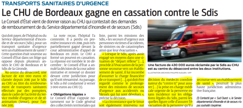 2020 01 11 SO Transports sanitaires d'urgence Le CHU de Bordeaux gagne en cassation contre les Sdis