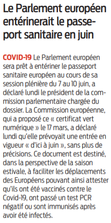 2021 03 30 SO Le Parlement enterinerait le passeport sanitaire en juin