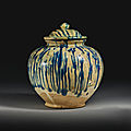 A <b>blue</b> <b>splashed</b> pottery jar and cover, Tang dynasty (618-907)