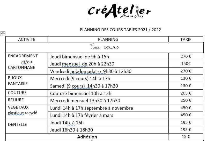 Tarif Cours 2021