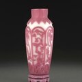 A pink overlay milky <b>white</b> <b>glass</b> hexagonal vase and matching stand, Qianlong mark, 18th-19th century