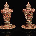 A pair of <b>Chinese</b> <b>silver</b>-gilt filigree vases, covers and stands, Canton, applied coral and enamel Trapani, Sicily, circa 1750