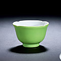 A lime-green glazed foliate cup, <b>Yongzheng</b> <b>period</b> (1723-1735)