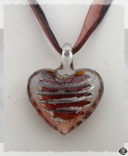 Pendentif Coeur Alys Marron et Argent en Verre Soufflé Style Murano