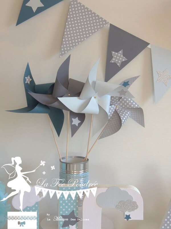 decoration bapteme baby shower moulin fanion bleu gris petrole