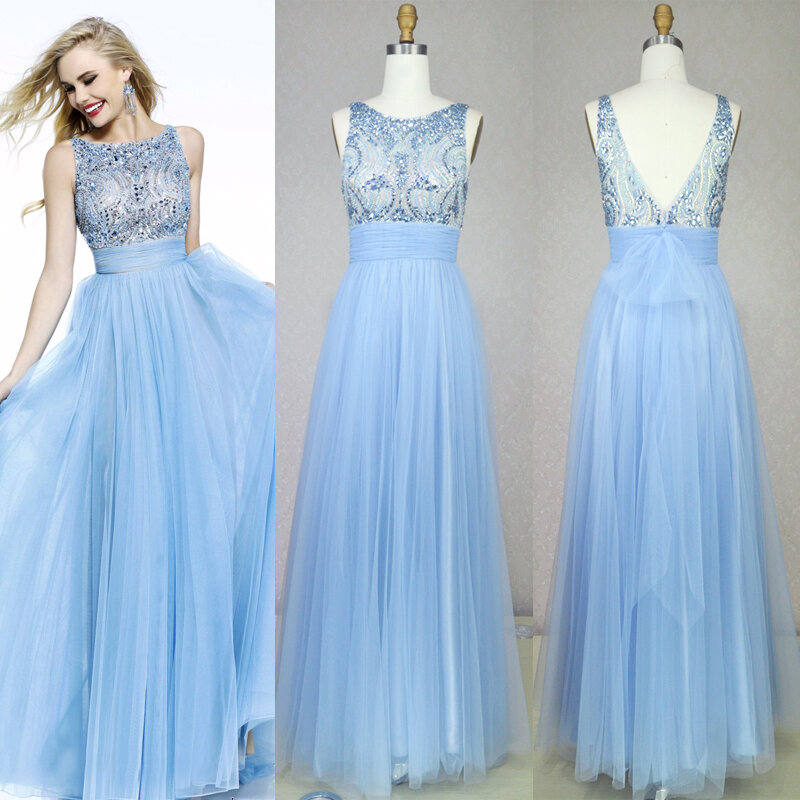 light blue beaded illusion prom dress