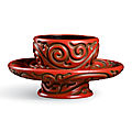 A cinnabar 'tixi' lacquer cup stand signed Yang Mao, Yuan dynasty (1279-1368)