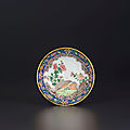 A small and finely painted enamel '<b>Quail</b>' dish , Qianlong four-character mark within double squares and of the period (1736-1795