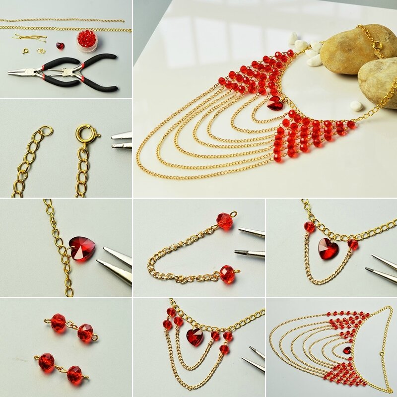 How-to-Make-Red-Glass-Beads-and-Heart-Bead-Multi-Strands-Chain-Necklace