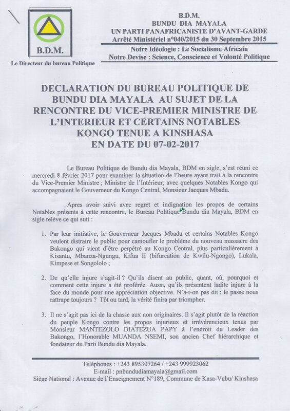 DECLARATION DU BUREAU POLITIQUE DE BUNDU DIA MAYALA 1