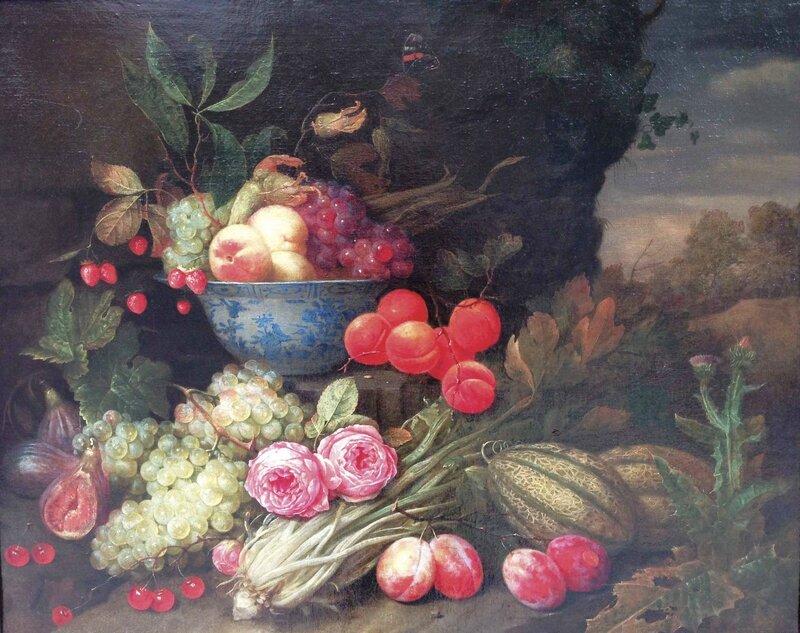 Jan Pauwel Gillemans (1618-1675), Fruits et roses dans un paysage avec un bol Wanli