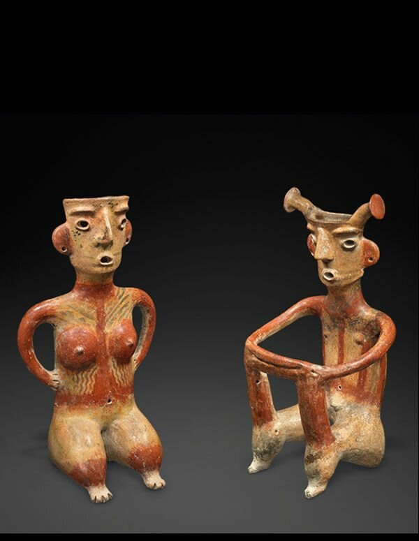 Pair of Zacatecas figures Jalisco culture, Mexico 100BC-250AD Polychrome glazed terra cotta