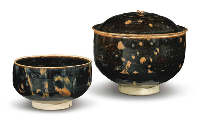 A russet-splashed black-glazed 'partridge-feather' bowl, cover and tea bowl, Jin Dynasty