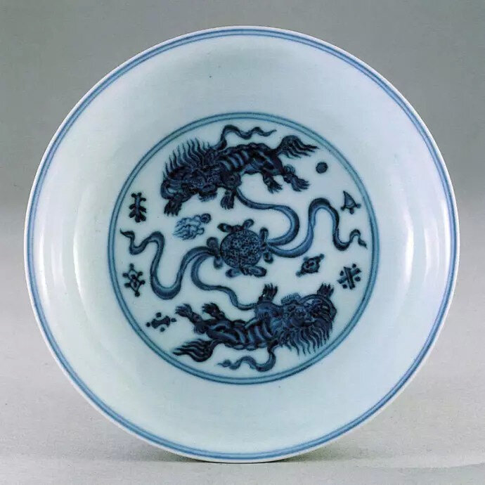 Blue and white 'Buddhist lions' dish, Xuande mark and period, in the National Palace Museum, Taipei