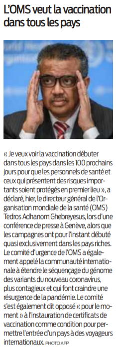 2021 01 16 SO L'OMS veut la vaccination dans tous les pays