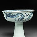 Blue-and-white stem cup with a dragon and clouds, Yuan Dynasty (1279 - 1368), <b>2nd</b> <b>half</b> <b>of</b> <b>the</b> <b>14th</b> <b>century</b>