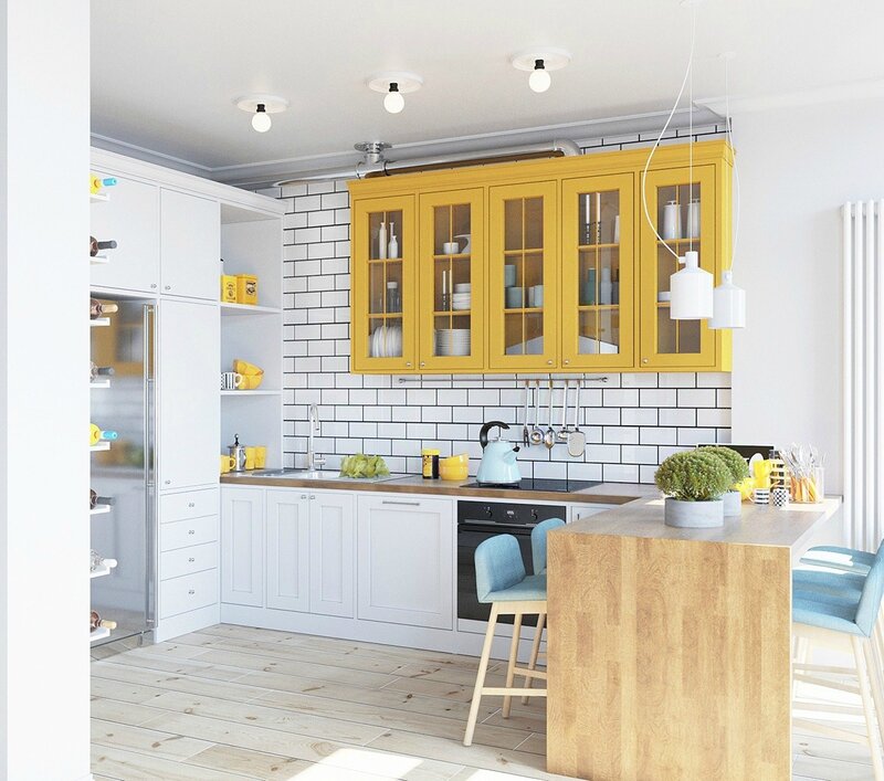 Pastel-kitchen-bright-mustard-cabinetry-light-wooden-floor-and-table-mustard-elements