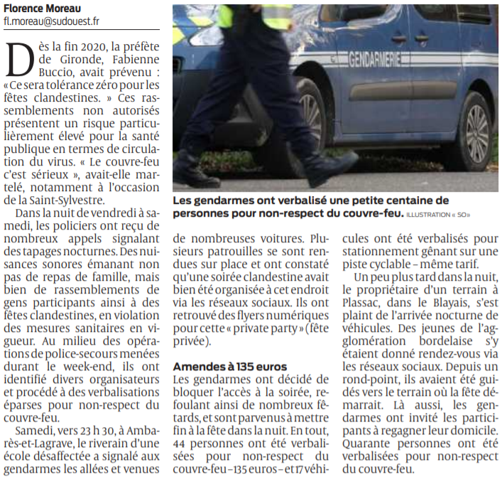 2021 03 29 SO Ambarès et Lagrave Nombreuses verbalisations pour des fêtes clandestines2