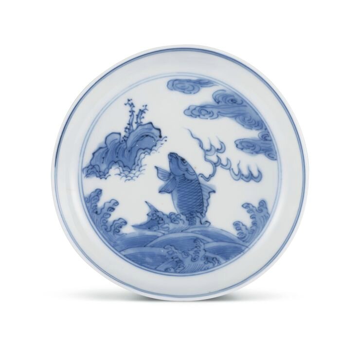 A blue and white 'Leaping carp' saucer, Mark and period of Wanli