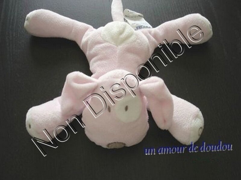 Doudou Chien Couché Rose et Blanc Cocard Oeil Gauche OBAIBI