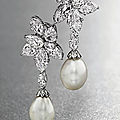 A pair of <b>diamond</b> ear clips, by Harry Winston, with natural pearl pendants 