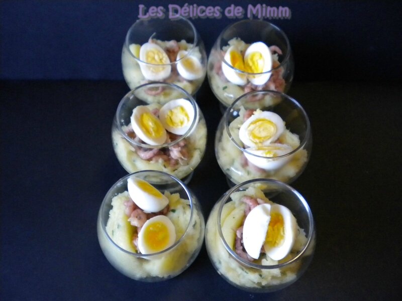 Ecrasé de pommes de terre, crevettes grises et œuf de caille (mise en bouche) 4