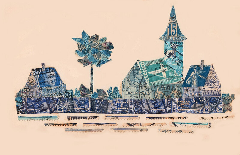CPA Timbres Village bleu