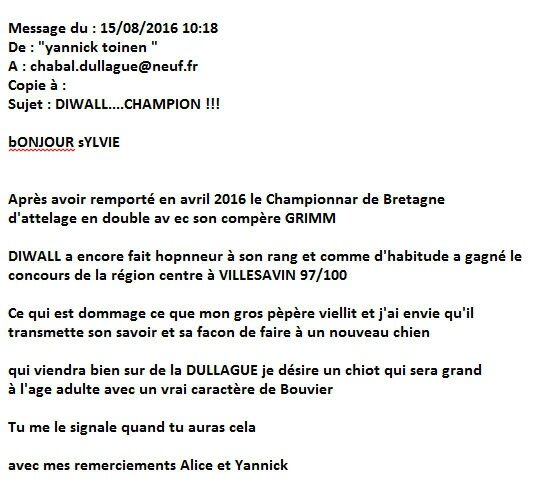 d'excellentes nouvelles de DIWALL de la Dullague à Y.TOINEN 
