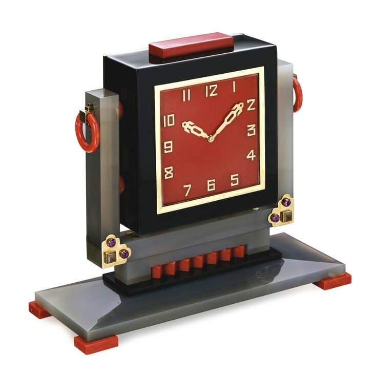 Hardstone, Coral, Ruby and Lacquer Desk Clock, Lacloche Frères