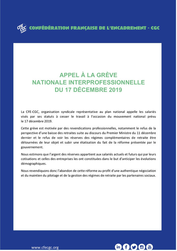 APPEL A LA GREVE NATIONALE INTERPROFESSIONNELLE DU 17 DECEMBRE 2019