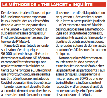2020 05 30 SO La méthode de The Lancet inquiète