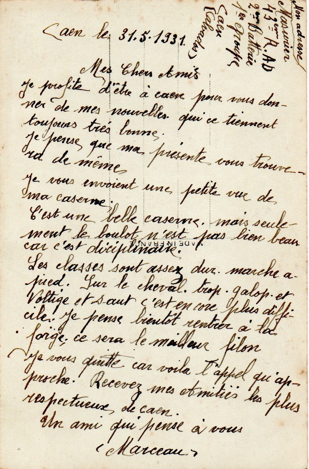 Caen caserne du 43e d'artillerie 1931 Marceau Masurier verso
