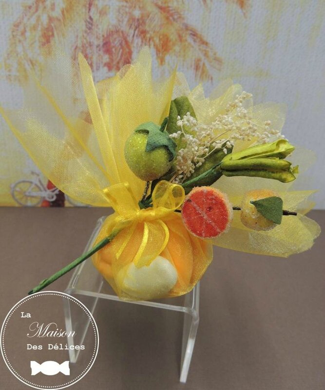 piquet fleur orange exotique fruits agrumes decoration tulle pochon ballotin dragees mariage bapteme accessoire sujet deco