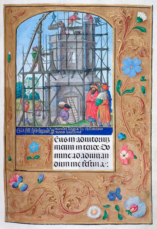 Flemish-School-Book-of-Hours-illumination-showing-the-construction-of-the-Tower-of-Babel-after-1512