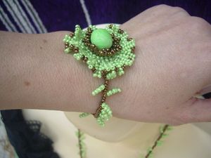 perle,bracelet, vert, bronze, bijou, rocaille, fleur
