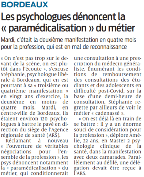 2021 09 29 SO Bordeaux Les psycholoques dénoncent la paramédicalisation du métier
