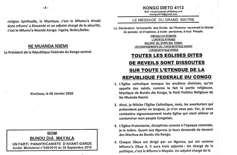 TOUTES LES EGLISES DITES DE REVEILS SONT DISSOUTES SUR TOUTE L'ETENDUE DE LA REPUBLIQUE FEDERALE DU CONGO a