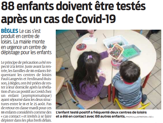 2020 09 03 SO Bègles 88 enfants doivent être testés après un acs de Covid-19