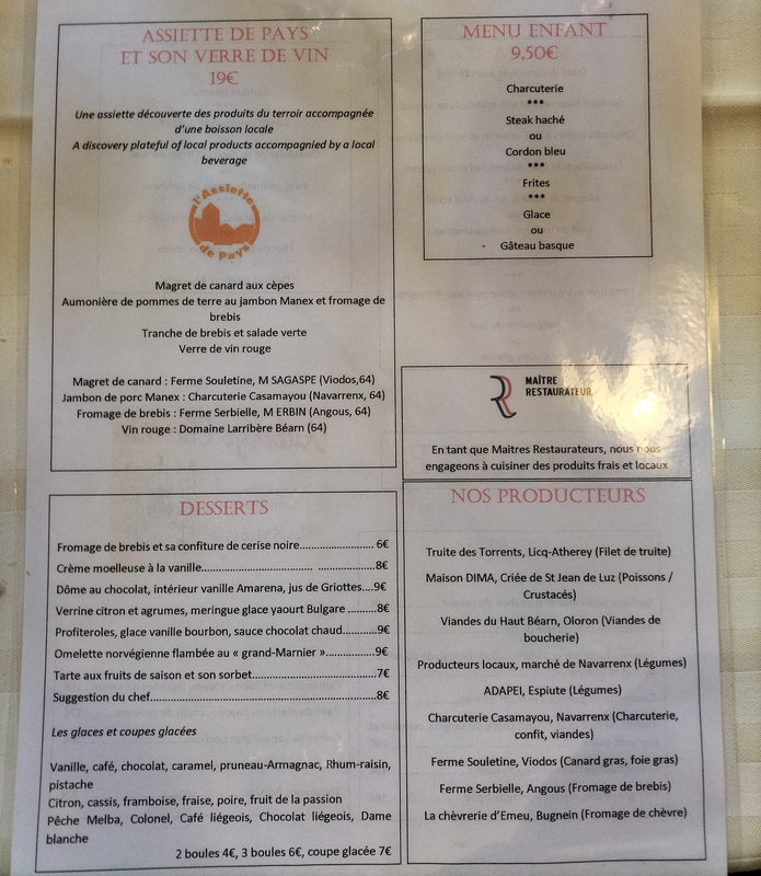 Audaux, auberge Claverie, le menu