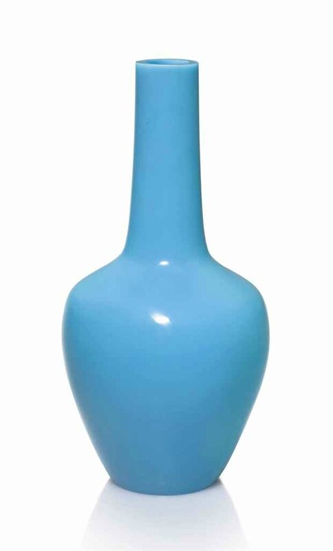 An opaque sky-blue glass bottle vase, Qianlong four-character wheel-cut mark within a square and of the period (1736-1795)
