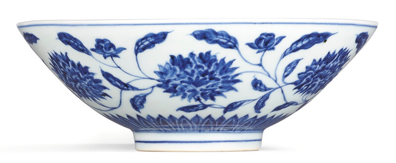 A rare anhua-decorated blue and white 'Herbaceous peony' bowl, mark and period of Xuande (1426-1435)