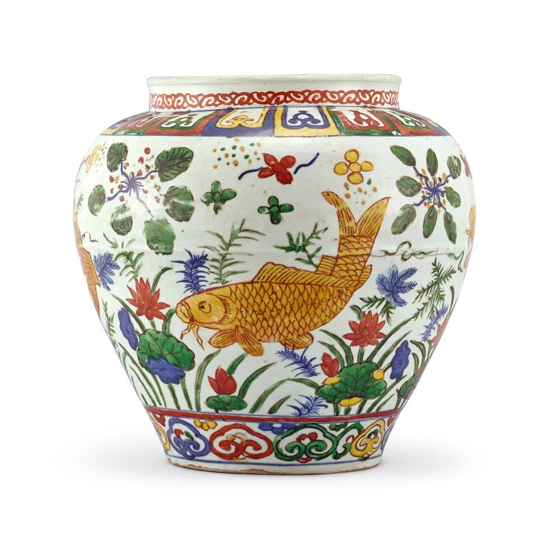 A rare wucai 'fish' jar, Mark and period of Jiajing (1522-1566)