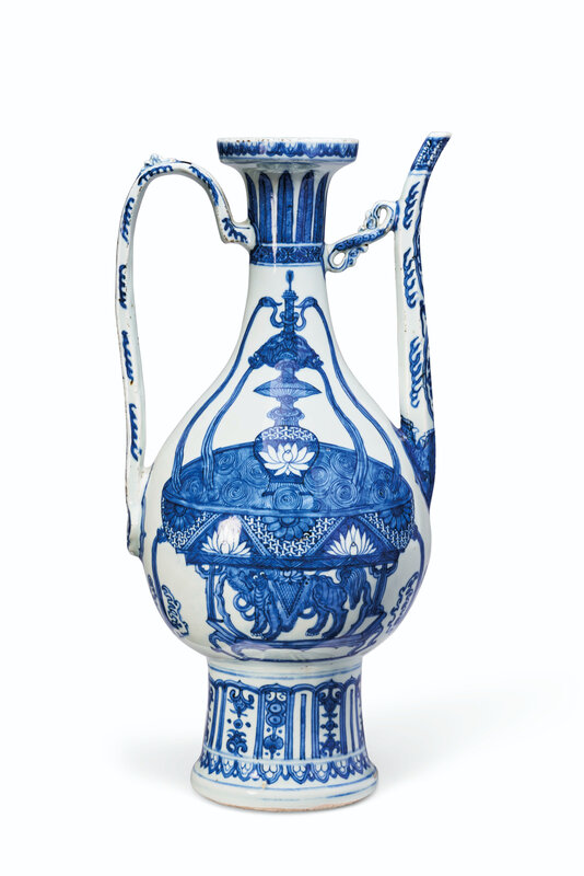 A rare blue and white 'Magic fountain' ewer, Jiajing period (1522-1566)